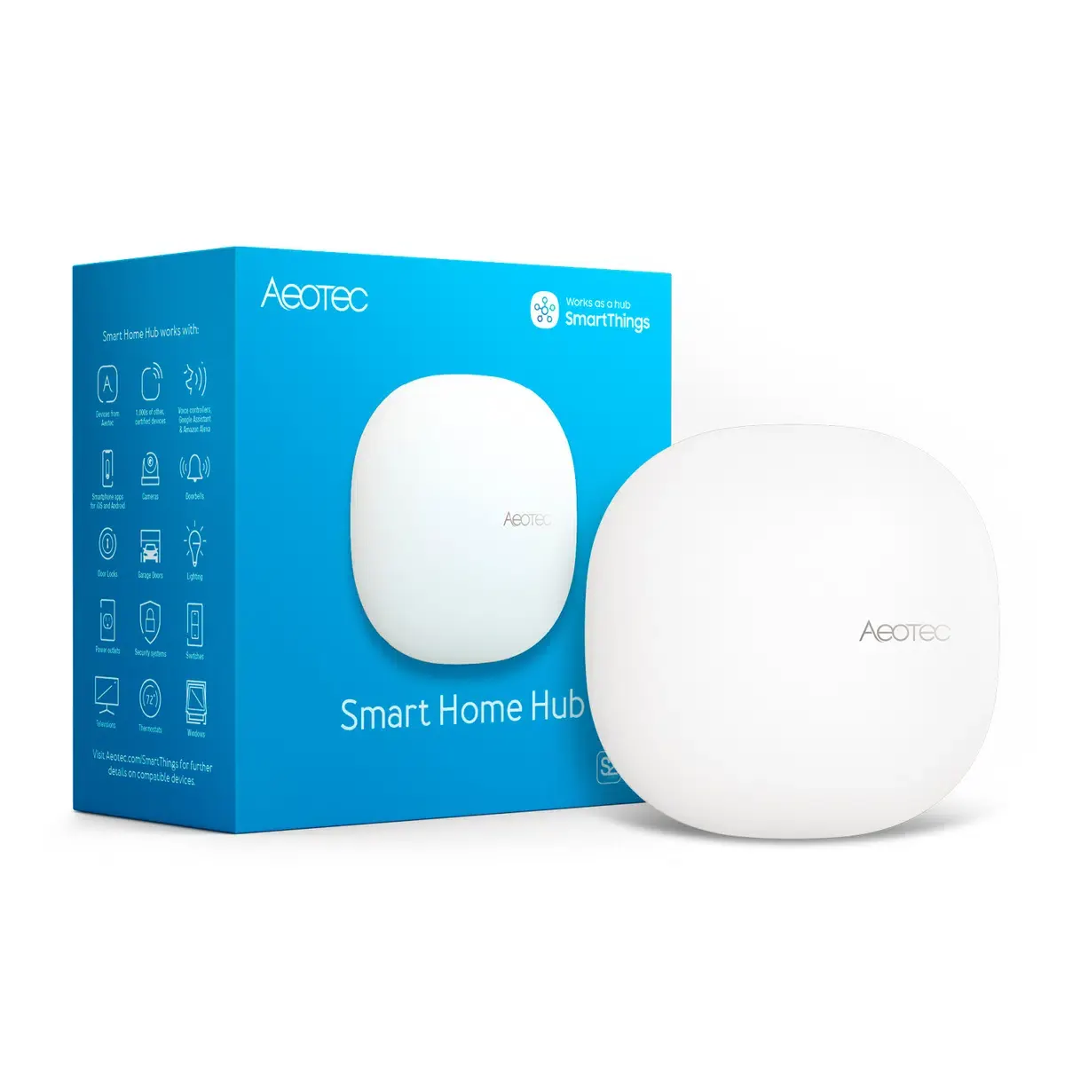 Aeotec Smart Home Hub beside its retail box